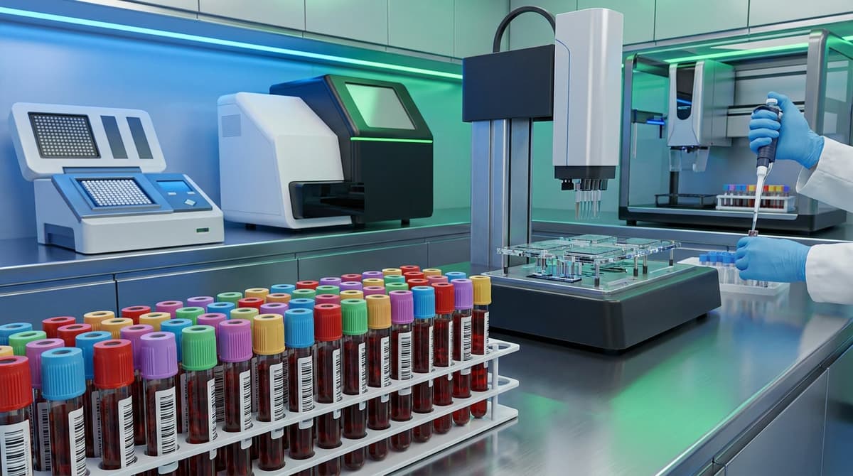 A close-up laboratory scene of blood sample tubes, genomic assay equipment, and methylation analysis workflow in a high-