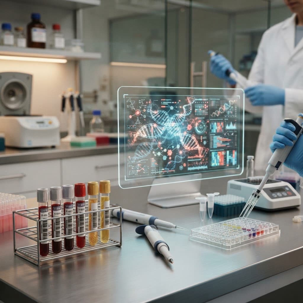Clinical laboratory scene showing anonymized blood tubes, genomic assay components, and a transparent molecular data vis