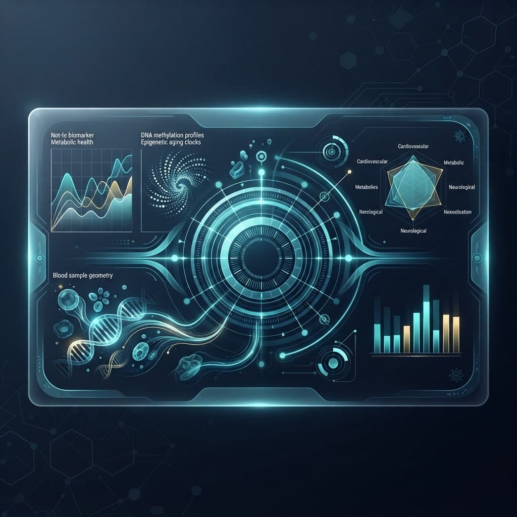Editorial medical illustration of a sophisticated biological-age dashboard with abstract biomarker graphs, DNA methylati
